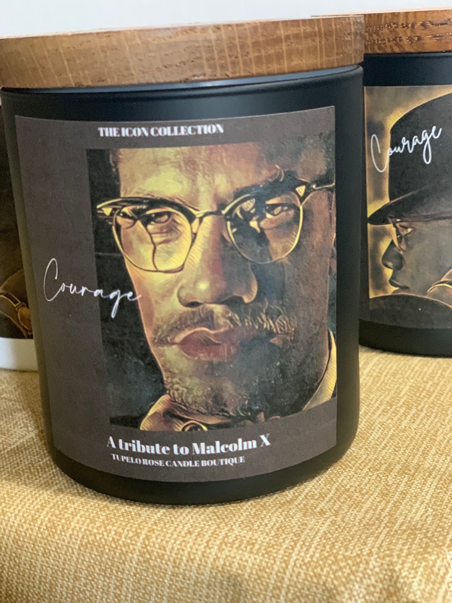 Malcolm X- Black jar/Courage Candle/ Closeup photo